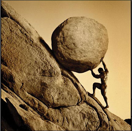 Sisyphus with his boulder